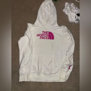 The North Face Cream Hoodie with Pink Logo